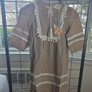 Hayden Los Angeles - Brown Dress with Lace Trim and Pom Pom Details